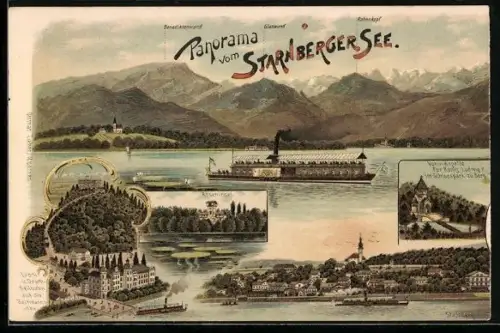 Lithographie Starnberg / Starnberger See, Panorama, Dampfer und Ortsansichten