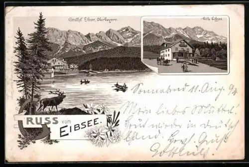 Vorläufer-Lithographie Eibsee /Oberbayern, 1894, Gasthof Eibsee, Hotel Villa Eibsee