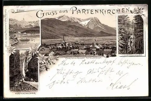 Lithographie Partenkirchen, Partnachklamm, Totalansicht, Eibsee