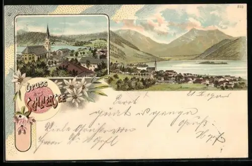 Lithographie Schliersee, Ortsansicht mit Bergpanorama und Kirche