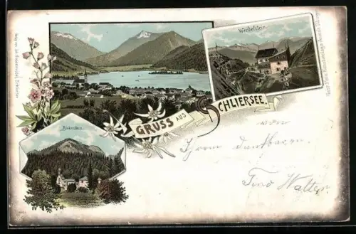 Lithographie Schliersee, Teilansicht, Wendelstein, Birkenstein