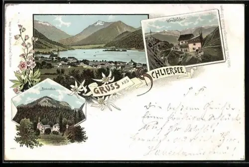 Lithographie Schliersee, Teilansicht, Wendelstein, Birkenstein