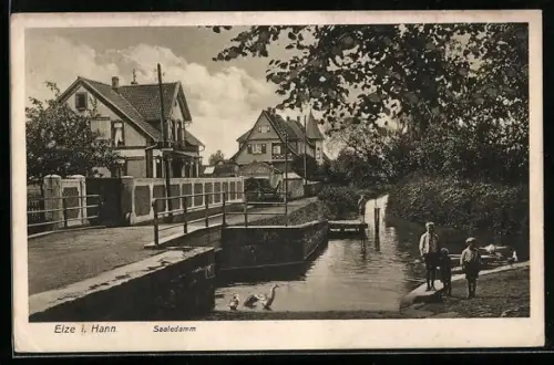 AK Elze i. Hann., Strasse am Saaledamm mit Brücke