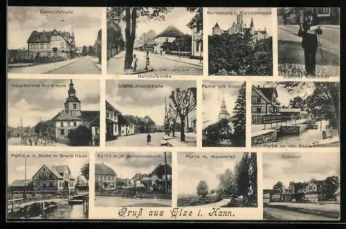 AK Elze i. Hann., Bahnhofstrasse, Hauptstrasse mit Kirche, Bahnhof