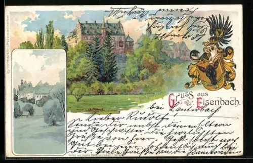 Lithographie Eisenbach / Lauterbach, Schlossansicht und Wappen