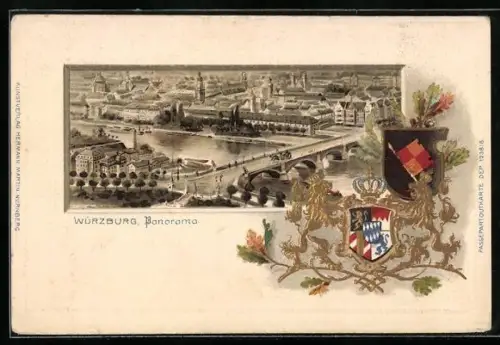 Passepartout-Lithographie Würzburg, Panorama mit Wappen und Brücke