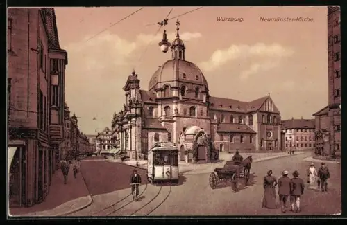 AK Würzburg, Ansicht der Neumünster-Kirche, Strassenbahn der Linie 61