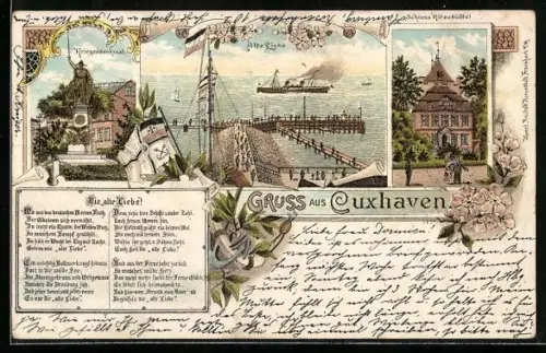 Lithographie Cuxhaven, Alte Liebe, Kriegerdenkmal, Schloss Ritzebüttel
