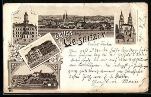 Lithographie Oelsnitz i. V., Neue Schule, Rathaus, Voigtsberg, Kirche
