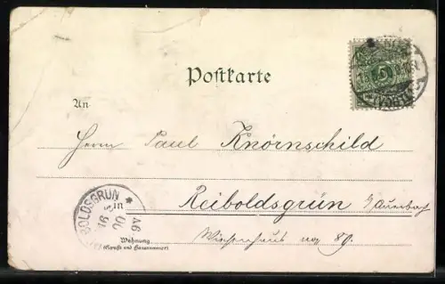 Lithographie Oelsnitz i. V., Neue Schule, Rathaus, Voigtsberg, Kirche