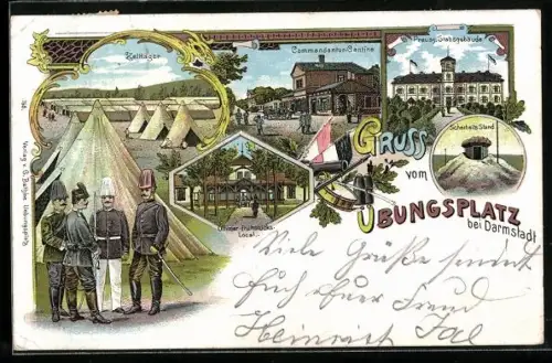 Lithographie Darmstadt, Truppen-Übungsplatz, Commandantur-Cantine, Preuss. Stabsgebäude, Zeltlager