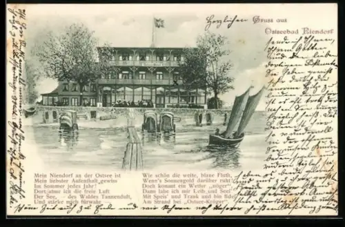 AK Niendorf / Ostsee, Ostsee-Hotel mit Badekarren und Badesteg