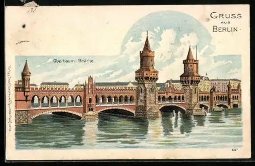 Lithographie Berlin-Friedrichshain, Oberbaum-Brücke