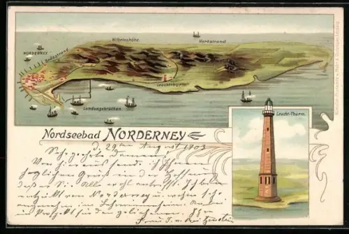 Lithographie Norderney, Leucht-Thurm, Gesamtansicht der Insel