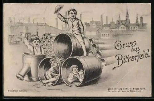 Lithographie Bitterfeld, Spielende Burschen im Industriegebiet