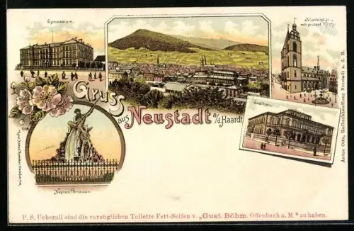 Lithographie Neustadt a. d. Haardt, Marktplatz mit protest. Kirche, Saalbau, Neptun-Brunnen, Gymnasium, Ortsansicht