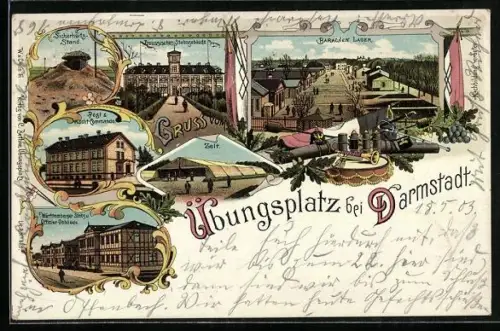 Lithographie Darmstadt, Übungsplatz, Preussisches Stabsgebäude, Baracken Lager, Zelt, Post. & Wacht-Commando