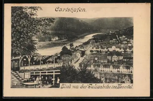 AK Carlshafen, Blick von der Juliushöhe ins Wesertal, Gasthof Juliushöhe