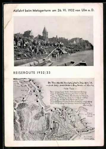 AK Ulm a. D., Abfahrt mit der Ulmer Schachtel Ulmer Spatz beim Metzgerturm am 26. VI. 1932, Reiseroute 1932/33