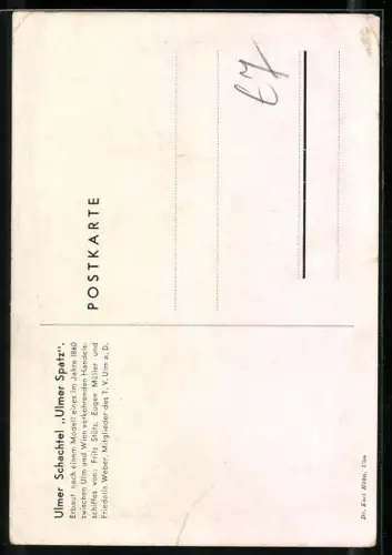 AK Ulm a. D., Abfahrt mit der Ulmer Schachtel Ulmer Spatz beim Metzgerturm am 26. VI. 1932, Reiseroute 1932/33