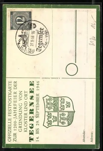 AK Tegernsee, Festpostkarte zur 1200-Jahrfeier der Gründung von Kloster und Ort im September 1946, Kloster-Ansicht