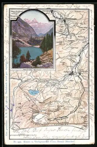 AK Garmisch, Landkarte der Region um die Ortschaft, Rainthal Blaue Gumpe