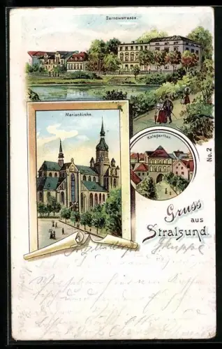 Lithographie Stralsund, Sarnowstrasse, Knieperthor und Marienkirche
