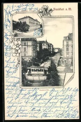 AK Frankfurt-Sachsenhausen, Strassenbahn in der Gutzkowstrasse, Souchay-Schule