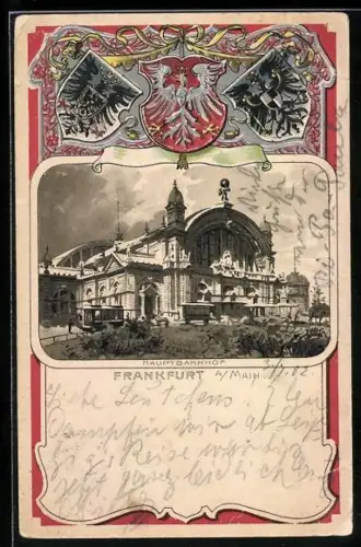 Passepartout-Lithographie Frankfurt a. M. Hauptbahnhof, Wappen