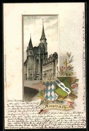 Passepartout-Lithographie Ansbach, St. Johanniskirche, Stadtwappen