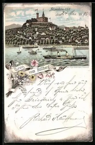 Lithographie Hamburg-Blankenese, Gasthof Süllberg von der Elbe her, Dampfer