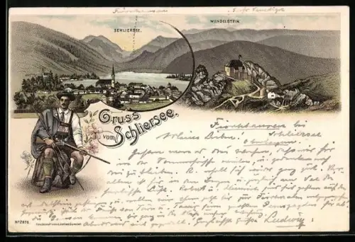 Lithographie Schliersee, Ortsansicht mit Schliersee und Wendelstein, Mann in Tracht mit Gewehr