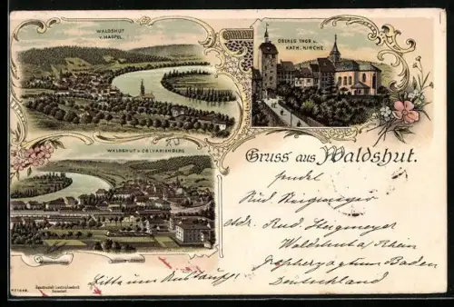 Lithographie Waldshut, Ortsansichten vom Haspel und Calvarienberg, Oberes Thor v. Kath. Kirche gesehen