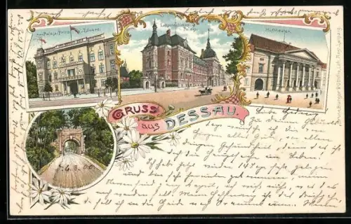 Lithographie Dessau, Palais Prinz Eduard, Erbprinzliches Palais, Hoftheater und Georgen-Garten