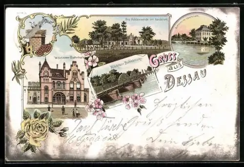 Lithographie Dessau, Wörlitzer Bahnhof, Wörlitzer Bahnbrücke, Schloss und Fohlenweide im Louisium