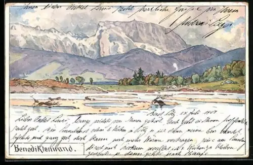 Künstler-AK Benediktbeuern, Blick zum Benediktenwand-Felsmassiv
