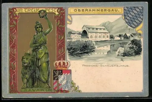 Passepartout-Lithographie Oberammergau, Passionsspielhaus und Wappen