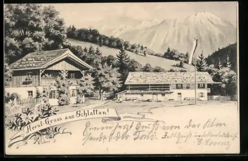 AK Garmisch, Gasthaus zum Schlattan vor Bergkulisse