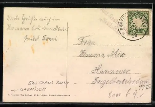 AK Garmisch, Gasthaus zum Schlattan vor Bergkulisse