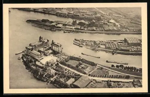 AK Düsseldorf, Hafen vom Flugzeug aus, mit Weizenmühle Georg Plange