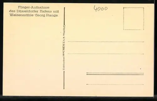 AK Düsseldorf, Hafen vom Flugzeug aus, mit Weizenmühle Georg Plange