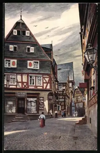 Künstler-AK Limburg / Lahn, Fachwerkhäuser am Kornmarkt