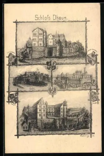 AK Dhaun, Schloss Dhaun, Ansichten von 1740, 1881 und 1900