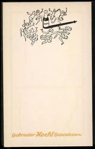 AK Geisenheim /Rhein, Gebrüder Hoehl, Weinflasche, tanzende Figuren, Reklame