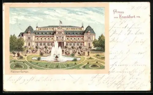 Lithographie Frankfurt-Westend, Palmengarten, Hauptgebäude, Springbrunnen, Parkanlage