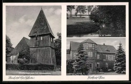 AK Steinhorst /Kr. Gifhorn, Kirche aus dem 12. Jahrhundert, Partie a. d. Lachte, Gasthaus Heine