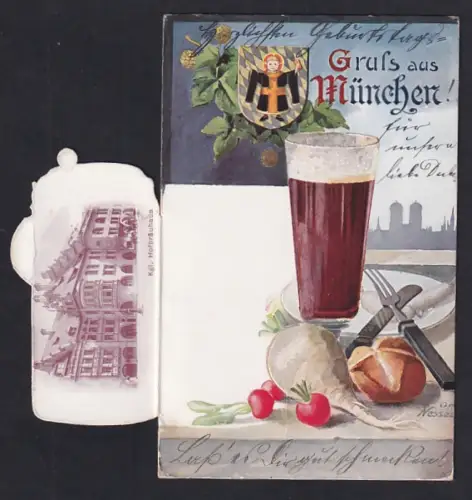 Künstler-AK München, Kgl. Hofbräuhaus hinter dem Bierkrug, Bierglas und Rettich, Münchner Kindl
