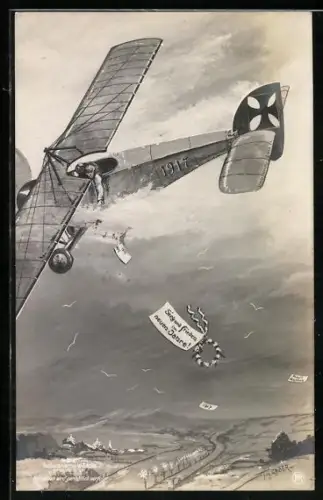 Foto-AK Sanke Nr. 404: Flugzeug mit Botschaft Sieg und Frieden im neuen Jahre