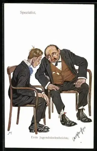 Künstler-AK Carl Josef: Junger Mann beichtet älteren Herrn eine Jugendsünde