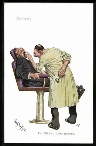 Künstler-AK Carl Josef Pollak: Zahnarzt untersucht das Gebiss eines Patienten, Dentist